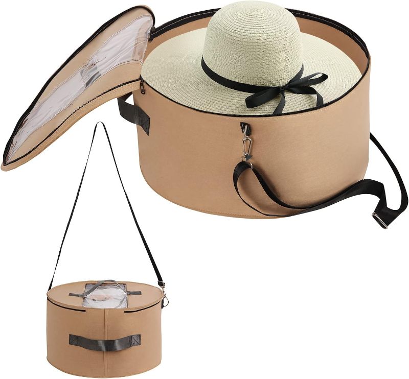 Photo 1 of Hat Organizer for Women and Men, Round Hat Storage Box Portable Felt Hat Container Foldable Hat Holder with Dust Proof Lid, Hat Rack for Closet or Travel (17" D x 10" H, Khaki)