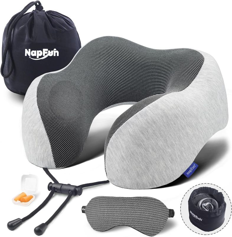 Photo 1 of napfun Neck Pillow for Traveling, Travel Neck Pillow for Airplane 100% Pure Memory Foam Travel Pillow for Flight Headrest Sleep, Portable Plane Accessories, Light Grey Set