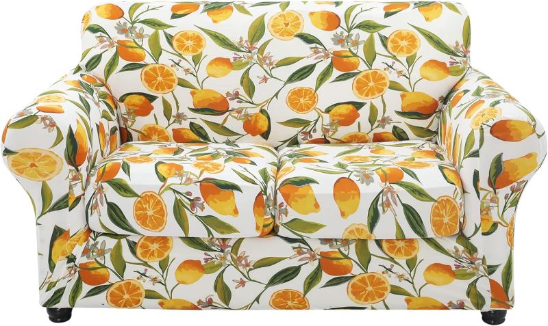 Photo 2 of hyha Couch Cover, Loveseat/Sofa Covers, Floral Pattern, Stretch, Printed, 3 Pieces, Sofa Slipcovers, for 2 Separate Cushion Couch Sofa, Washable Furniture Protector for Dogs (Loveseat, Lemon)