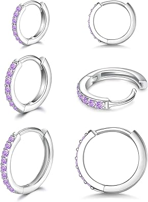 Photo 1 of 925 Sterling Silver Small Hoop Earrings Cubic Zirconia Huggie Hoop Earrings, 3 Pairs 14K White Gold Plated Cartilage Piercing Earrings Ear Cuff Tiny Hoop Earrings for Women Men