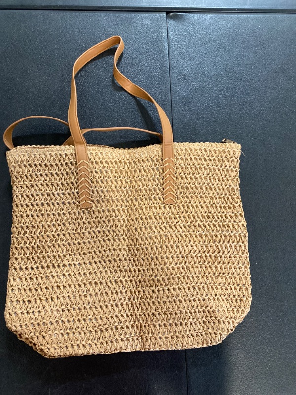 Photo 2 of Large Straw Beach Bag for Womens, Straw Handbag Woven Tote Bag With Zipper Summer Straw Shoulder Bag