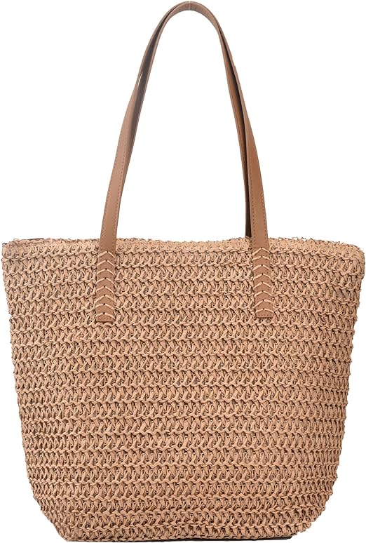 Photo 1 of Large Straw Beach Bag for Womens, Straw Handbag Woven Tote Bag With Zipper Summer Straw Shoulder Bag