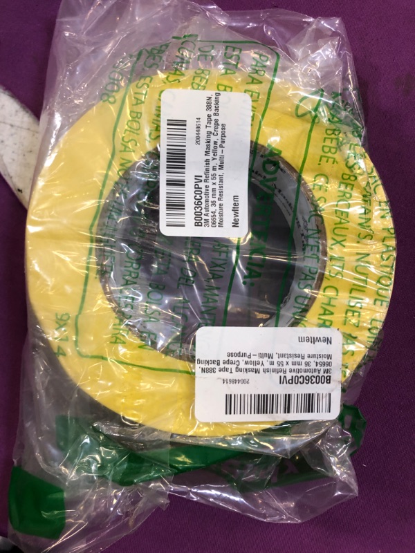 Photo 2 of 3M Automotive Refinish Masking Tape 388N, 06654, 36 mm x 55 m, Yellow, Crepe Backing, Moisture Resistant, Multi-Purpose