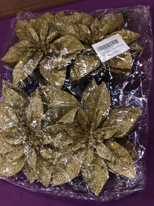 Photo 2 of 12 PCS Poinsettia Flowers Christmas Decorations, with Clips Stems for Christmas Tree Ornaments, Xmas Party Wreath Wedding Decorations, Gold