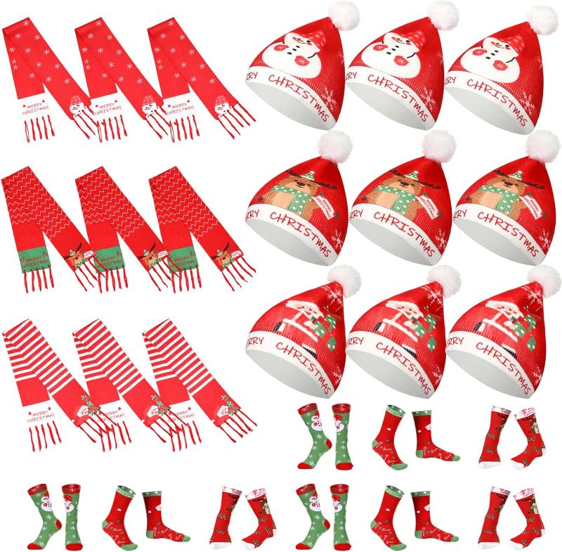 Photo 1 of 27 Pcs Christmas Hat Scarf Socks Set Snowman Santa Reindeer Caps Xmas Crew Socks for Man Woman Christmas Holiday Party Gift
