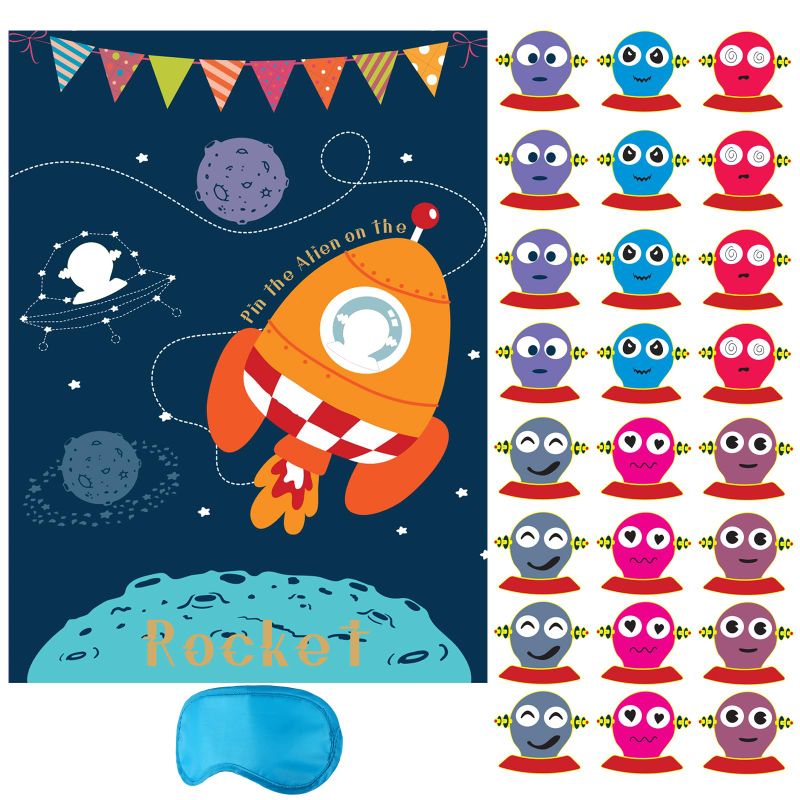 Photo 1 of 3 PCK - Lbylyhxc Pin The Alien Birthday Party Games - 21'' x 28'' Rocket Party Game 24 Reusable Alien Stickers Party Games for Kids, Kids Party Games (Rocket)
