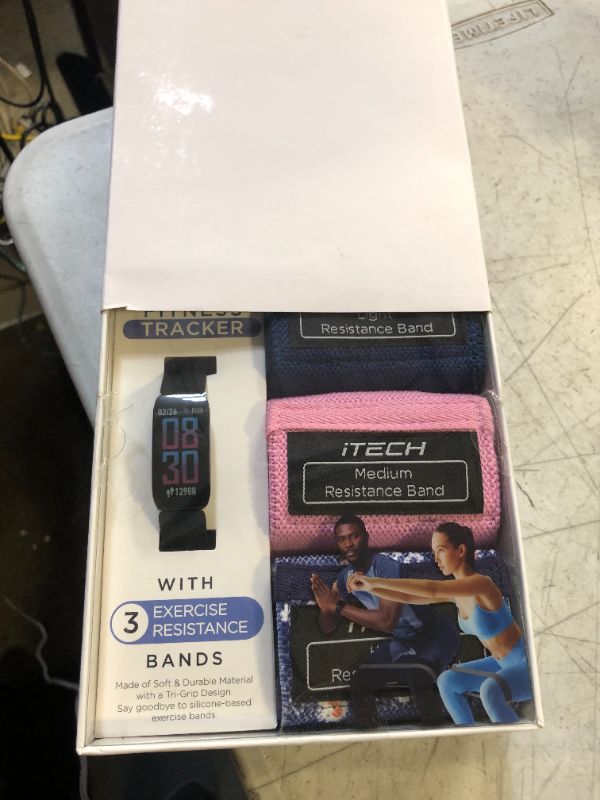 Photo 1 of ITECH Active Black Fitness Tracker Bundle with Navy Pink Floral Print Resistance Bands
