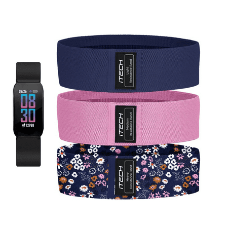 Photo 1 of ITECH Active Black Fitness Tracker Bundle with Navy Pink Floral Print Resistance Bands
