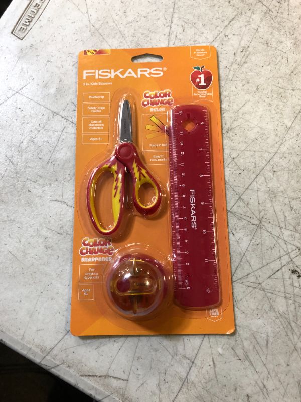 Photo 2 of Fiskars Color Change Kids 3pc Set - 5" Pointed Scissors, Red Color Change Ruler, Red Color Change Sharpener