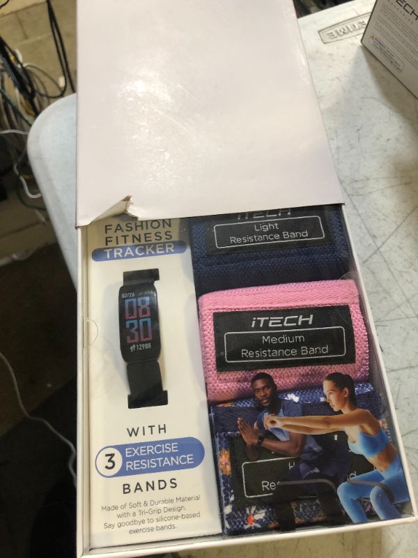 Photo 2 of ITECH Active Black Fitness Tracker Bundle with Navy Pink Floral Print Resistance Bands
