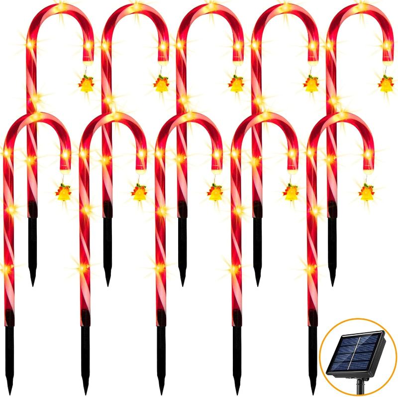 Photo 1 of YardRay 10 Pack Christmas Candy Cane Lights Outdoor Solar Pathway Lights with Bell Christmas Decorations Waterproof Driveway Walkway Markers Yard Garden Home Decor, 2-in-1 Rechargeable Solar Power
