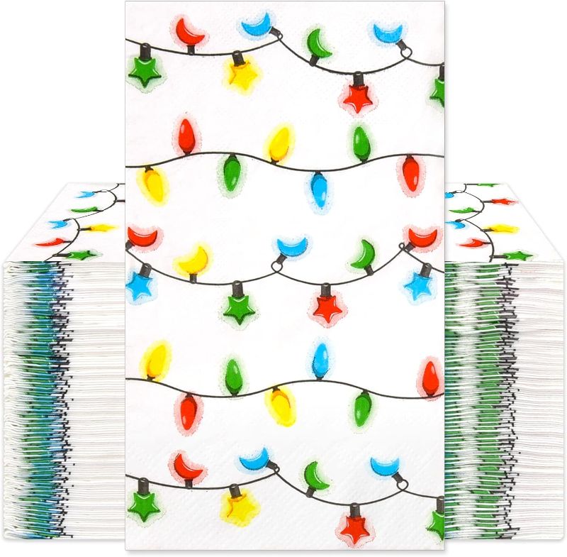 Photo 1 of 100 Christmas Napkins Paper Guest Towels 3 Ply Multicolor Xmas String Lights Bulbs Decorative Guest Napkins Disposable Hand Towels for Bathroom Dinner Home Kitchen Winter Holiday Party Supplies Decor
