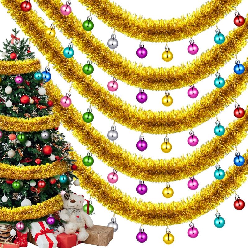 Photo 1 of Zeyune 5 Pcs 33 ft Christmas Tinsel Garland Metallic Twist Garland with Ball Tree Foil Metallic Streamers Christmas Ball Tinsel Decoration for Outdoor Wedding Birthday Party, 6.6 ft Each (Gold)
