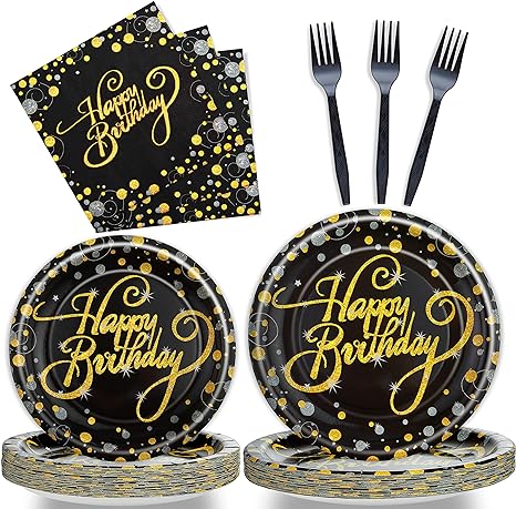 Photo 1 of 96 Pcs Happy Birthday Party Supplies - Plates Napkins Forks Black and Gold Tableware Set Disposable Party Table Decoration for Men/Women Birthday Party, Serves 24 Guests
