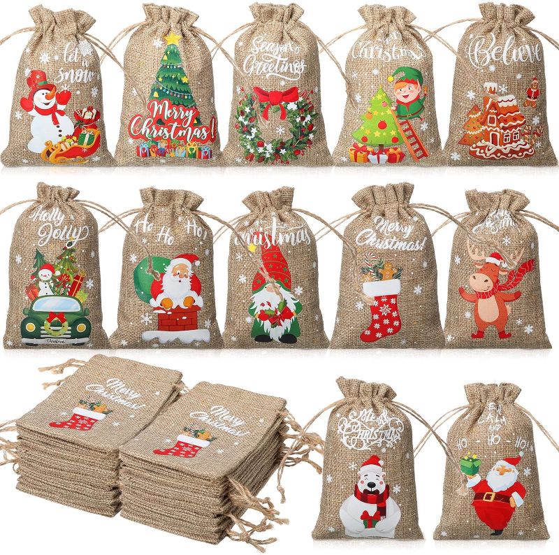 Photo 1 of 36 Pieces Small Burlap Christmas Drawstring Bags 5.9 x 3.9 Inches Buffalo Plaid Xmas Gift Bags Candy Bags Christmas Linen Goody Bags for Xmas Holiday Party Favors Supplies 12 Designs (Wooden)
