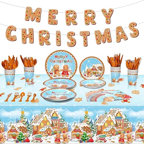 Photo 1 of 172 Pcs Gingerbread Christmas Party Supplies Serve 24 Guests Including Merry Christmas Banner Gingerbread Plates Cups Napkins Forks Spoons Knives for Holiday Gingerbread Man Party Decorations
