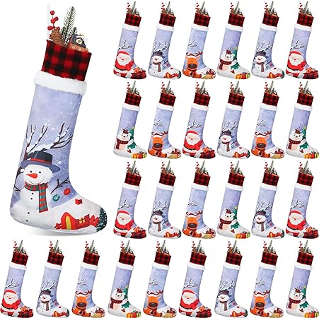 Photo 1 of Glimin 20 Pcs Christmas Stockings Bulk, 18.9 Inch Gray Non Woven Hanging Stockings Buffalo Plaid with Soft Faux Fur Fireplace Hanging Ornament for Xmas Holiday Party Family Decorations, 4 Style
