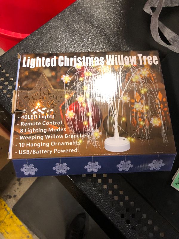 Photo 2 of 22" Lighted Willow Christmas Tree Table Decoration, 40 LED Tabletop Light Up Xmas Tree with Remote, Mini Weeping Willow Bonsai Lit Tree with Snowflakes for Christmas Decor, Warm White