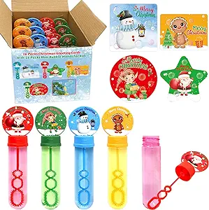 Photo 1 of 16 PCS Christmas Mini Cards with Christmas Bubble Wands Gifts for Kids Party Favors Supplies Bubbles Bulk Goodie Bag Stocking Stuffers Classroom Prize
