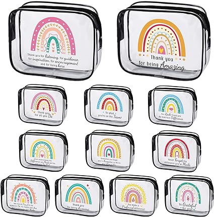 Photo 1 of Aliceset 12 Pieces Rainbow Clear Makeup Bag Bulk Boho Cosmetic Bags Women Gifts Thank You Toiletry Bag Waterproof PVC Cosmetic Bags with Zipper Travel Pouch Inspirational Gifts for Teacher Friends
