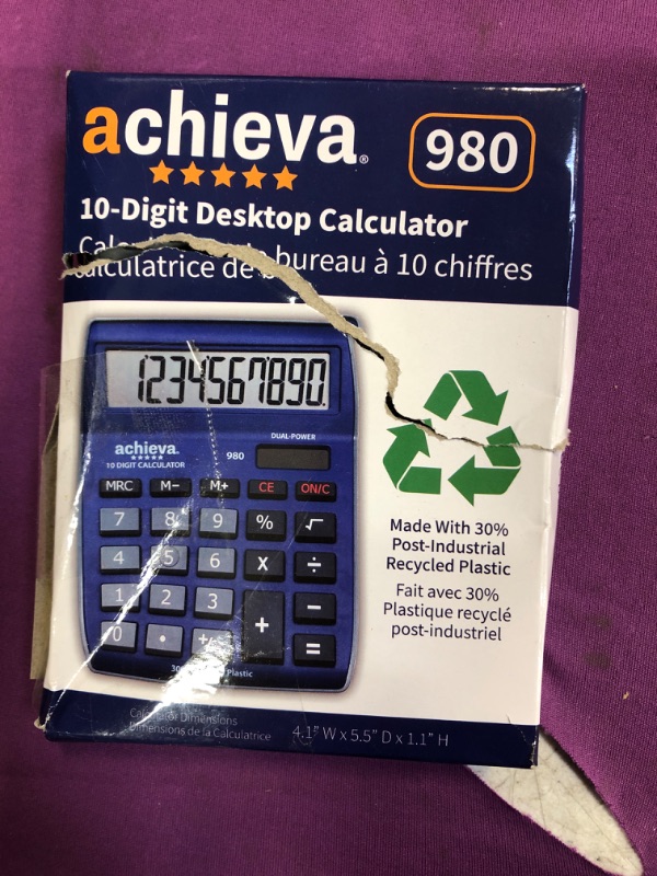 Photo 2 of Achieva 10-Digit LCD Display Desktop Calculator | Blue, Gray | Dual Solar & Battery Power | Made with 30% Recycled Plastic | for Home, Office, School (980)