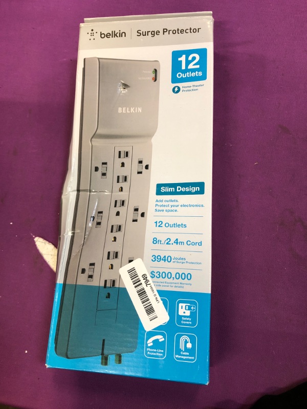 Photo 2 of Belkin Power Strip Surge Protector - 12 AC Multiple Outlets & 8 ft Long Flat Plug Heavy Duty Extension Cord for Home, Office, Travel, Computer Desktop, Laptop & Phone Charging Brick (3,940 Joules) 1 Pack