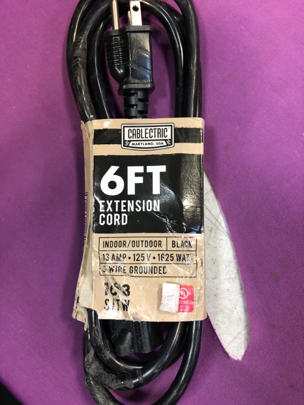 Photo 2 of 6 Foot Outdoor Extension Cord - 16/3 SJTW Black 16 Gauge Electrical Cable with 3 Prong Plug | Cablectric is an American Business 1 6 Foot