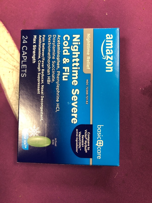 Photo 2 of Amazon Basic Care Nighttime Severe Cold and Flu Coated Caplets, Temporarily Relieves Symptoms Like Runny Nose and Sneezing, Vapor Ice, 24 Count ex 03-24