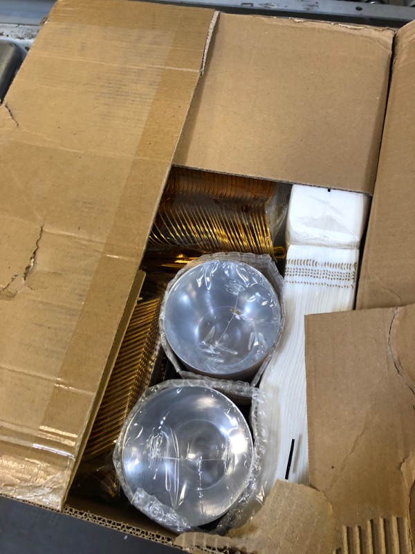 Photo 2 of 700 Piece Gold Dinnerware Set for 100 Guests, Plastic Plates Disposable for Party, Include: 100 Gold Rim Dinner Plates, 100 Dessert Plates, 100 Paper Napkins, 100 Cups, 100 Gold Plastic Silverware Set