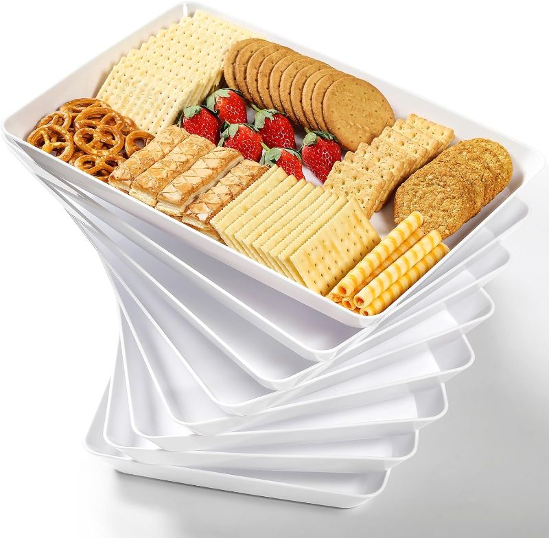 Photo 1 of 8 Pack, 16" x 11" Large White Serving Trays Set - Reusable Plastic Serving Platters for Cookie, Appetizer, Charcuterie, Snack, Dessert, Party Food Display - Stackable Kitchen CounterTop Tray, BPA Free
