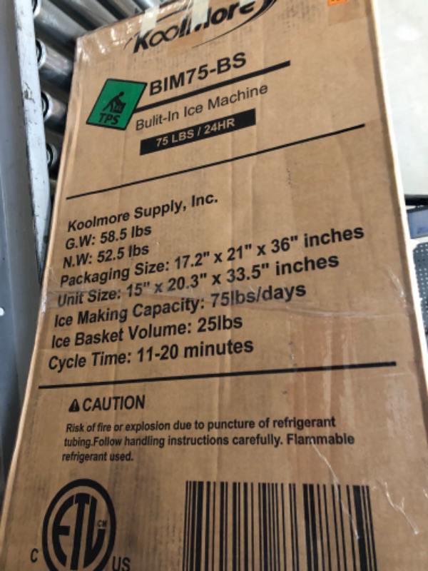 Photo 1 of KoolMore Stainless-Steel Built-in Ice Maker Machine with Large 25 lb. Cube Storage Basket, Full Cube Production, Fast Ice Making Time, Free-Standing/Under-Counter - 75lbs of Ice per Day (BIM75-BS)