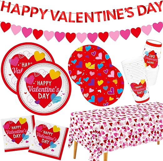 Photo 1 of 
Valentine's Day Party Supplies Set for 25 - Elegant Disposable Paper Plates, Napkins, Cups, Tablecloth & Banner, Perfect Valentine's Day Party Decorations
