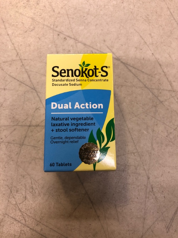 Photo 2 of exp 1/24 Senokot-S Dual Action Natural Vegetable Laxative Ingredient Plus Stool Softener Tablets, Docusate Sodium, Senna Concentrate, Gentle, Overnight Relief From Occasional Constipation, 60 ct 60 Count (Pack of 1)