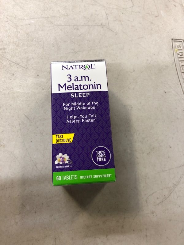 Photo 2 of exp 5/25 Natrol 3 A.M. Melatonin Fast Dissolve Sleep Aid Supplement, Fall Back to Sleep, Dissolves in Mouth, Drug Free, 60 Lavender Vanilla Flavored Tablets 60 Count (Pack of 1) 3 AM Melatonin