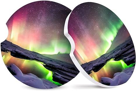 Photo 1 of 2 Pack Absorbent Car Cup Holder Coasters,2.64 Inches Starry Sky Ceramic Car Insert Coasters with Fingertip Grip for Easy Removal,Brilliant Vehicle Accessories for Men & Women (Aurora Polaris)
