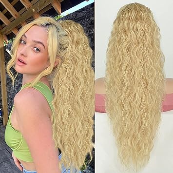 Photo 1 of Lativ Long Curly Drawstring Ponytail Blonde Natural Looking Wavy Clip In Ponytail Hair Extension for Women Synthetic Heat Resistant Hairpieces for Daily Use 26 inches
