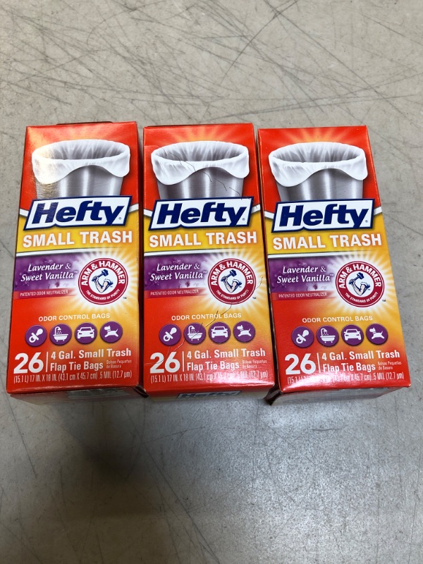 Photo 2 of 3pc Hefty Small Garbage Bags, Flap Tie, Lavender & Sweet Vanilla Scent, 4 Gallon, 26 Count lavender 26 Count (Pack of 1)