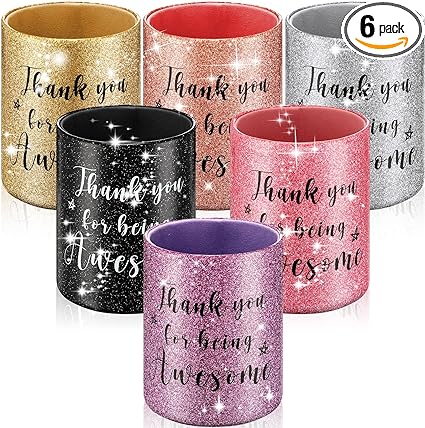 Photo 1 of 6 Pcs Glitter Pen Holder for Desk Pencil Cup Shiny for Girls Women Pink Makeup Brush Holder Pu Leather Organizer Cup Thank You Gifts for Desk Office Classroom Home(Multicolor, Round)
