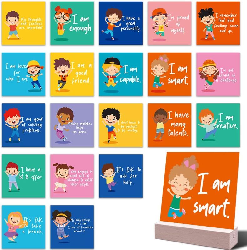 Photo 1 of Children Affirmations - 31 Inspiration Unique Positive Affirmation Cards - Motivational Cards with Wooden Block Desk Stand - Powerful Mindfulness Daily Quotes for Stress Relief and Meditation - JY334
