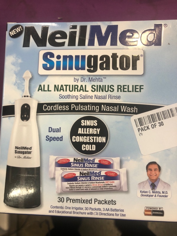 Photo 2 of NeilMed Sinugator Cordless Pulsating Nasal Irrigator (Dual Speed) with 30 Premixed Packets and 3 AA Batteries - Black 34 Piece Set Black