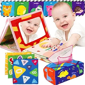 Photo 1 of Baby Tissue Box Set, Baby Mirror Toys,Soft Cloth Book,Montessori Toys for Babies,Cloth Tissues Crinkle Squeaky Sounds, High Contrast Colors, Baby Mirror,Crib Enclosure,Sensory Toys for Babies
