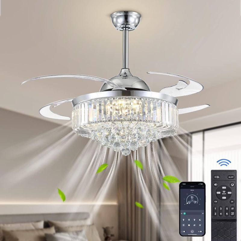 Photo 1 of 48 Inches Crystal Ceiling Fan with Lights Dimmable LED Fandelier, Siljoy Modern Invisible Retractable Chandelier Fan Reverse Silent Motor Ceiling Fans for Bedroom Living Dining Room, Polished Chrome
