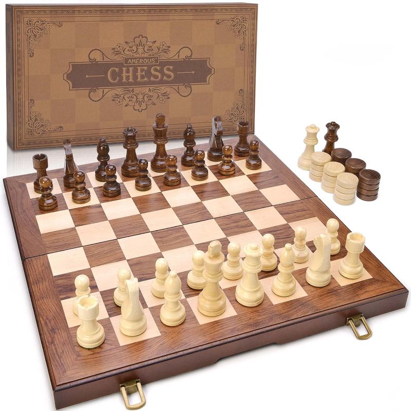 Photo 1 of AMEROUR 20'' x 20'' Wooden Chess Set with High Polymer Weighted Chess Pieces / 3.75'' King / 2 Extra Queens/Larger Size Folding Board, Chess Board Game for Adults