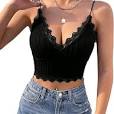 Photo 1 of SweatyRocks Womens Mesh Embroidery Spaghetti Strap Ribbed Knit Cami TOp Lace Trim Crop Top Tank Tops Black Size M