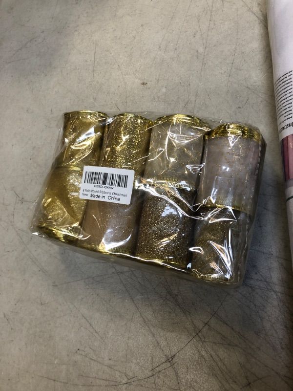 Photo 1 of 8 Rolls Wired Ribbon for Christmas Tree, 2.5 Inch x 40 Yards Assorted Elegant Organza Glitter Christmas Ribbon for Crafts, Wreath, Home Decoration (Gold & White)