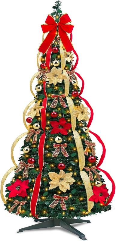 Photo 1 of 6.5 Ft Prelit Full Christmas Tree Decor Pop up Xmas Tree 250 Warm Lights,36 Ornaments,Red&Gold Ribbon,18 Flowers,26 Bows,UL Plug Powered,Fire-Resistant Collapsible Outdoor Indoor Holiday Party Decor

