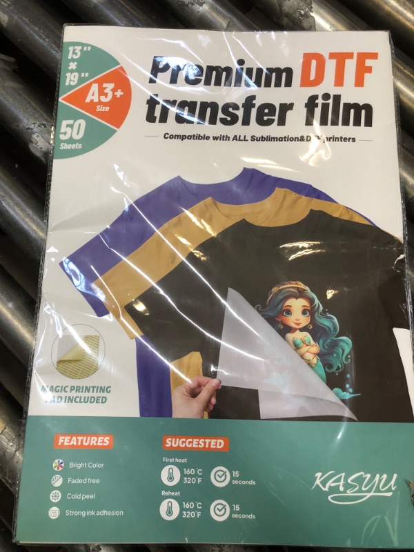 Photo 2 of KASYU DTF Transfer Film-A3(13 * 19) 50 Sheets Glossy Direct to Film for All DTF&DTG Printer, Pretreat Transparency Iron-on Transfer Paper & 1 Pcs Sticker for DTF Sublimation Inkjet Printer A3+(13"x19") -50 Sheets