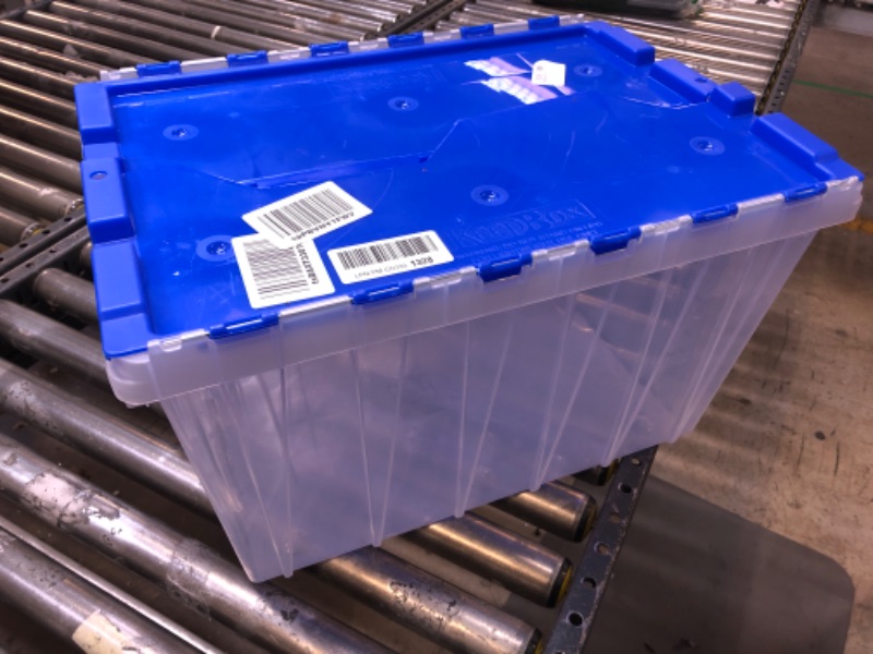 Photo 2 of Akro-Mils 66486 12-Gallon Plastic Stackable Storage Keepbox Tote Container with Attached Hinged Lid, 21-1/2-Inch x 15-Inch x 12-1/2-Inch, Clear/Blue Clear/Blue Keep Box