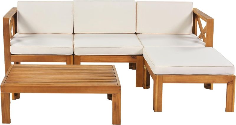 Photo 1 of *BOX 1 OF 3* Patio Wood Sofa Set Outdoor Backyard Sofa 5 Piece Casual Patio Sofa Conversation Set with Cushions Combo Sofa Natural Finish + Beige Cushions
