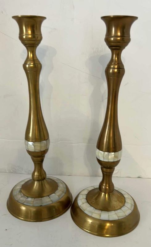 Photo 1 of 2 - VINTAGE BRASS CANDLESTICKS WITH MOTHER OF PEARL INLAY H10”